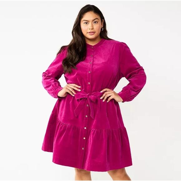 Draper James RSVP Corduroy Shirt Dress Sz Large Fuchsia Belted - Picture 6 of 11